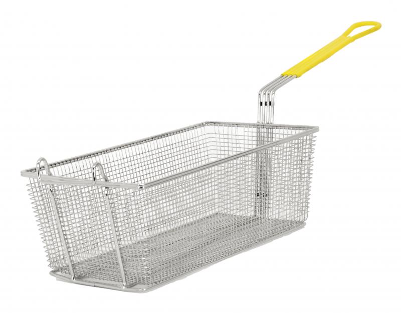 16 3/4" x 8 3/4" x 6" Nickel-Plated Iron Fryer Basket with Yellow Handle 1 16 3/4" x 8 3/4" x 6" Nickel-Plated Iron Fryer Basket with Yellow Handle